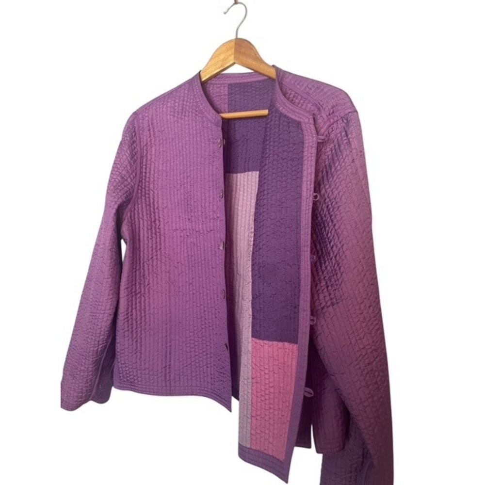 Quilted Jacket Patchwork Button Front Lightweight Purple Pink S